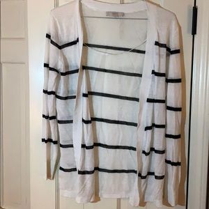 Open white and navy striped sweater